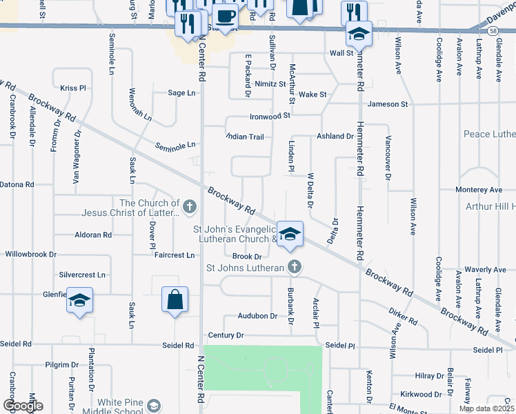 map of restaurants, bars, coffee shops, grocery stores, and more near 4765 Brockway Road in Saginaw