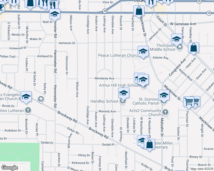 map of restaurants, bars, coffee shops, grocery stores, and more near 1400 Lathrup Avenue in Saginaw