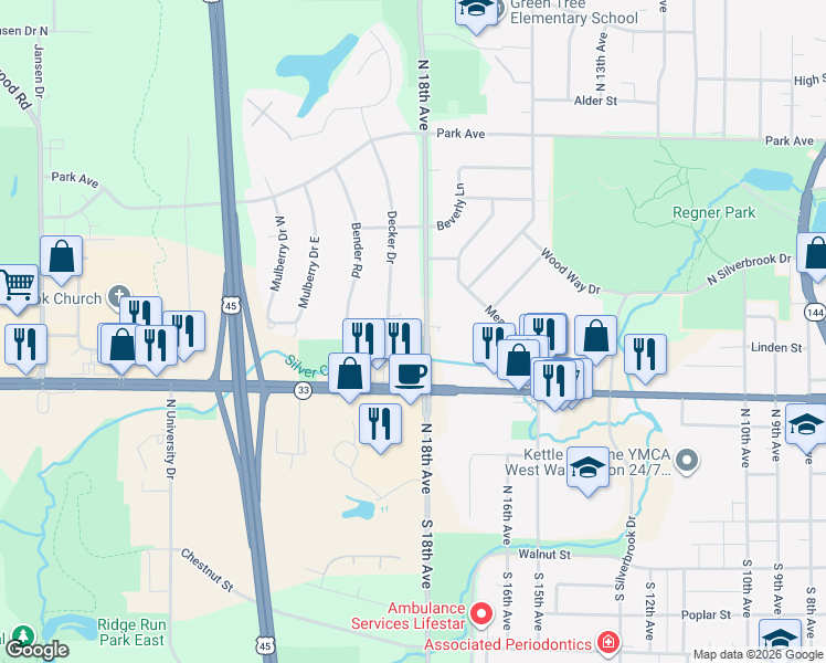 map of restaurants, bars, coffee shops, grocery stores, and more near 1812 Morgan Drive in West Bend