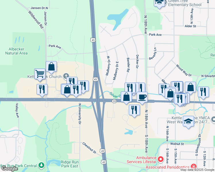 map of restaurants, bars, coffee shops, grocery stores, and more near 2160 West Washington Street in West Bend
