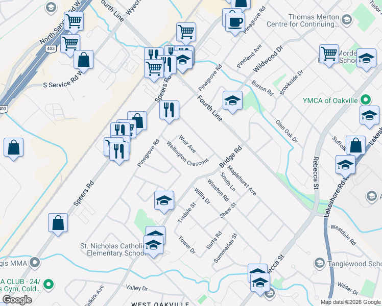 map of restaurants, bars, coffee shops, grocery stores, and more near 540 Weir Avenue in Oakville