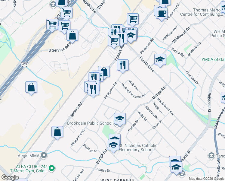 map of restaurants, bars, coffee shops, grocery stores, and more near 1107 Pinegrove Road in Oakville