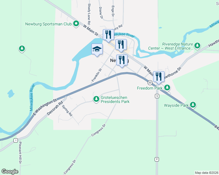 map of restaurants, bars, coffee shops, grocery stores, and more near 605 Wisconsin 33 in West Bend