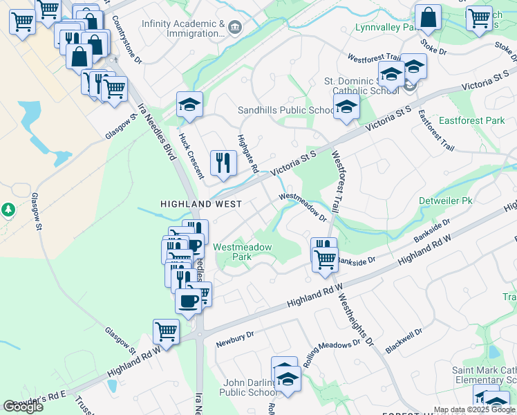 map of restaurants, bars, coffee shops, grocery stores, and more near 78 Westmeadow Drive in Kitchener