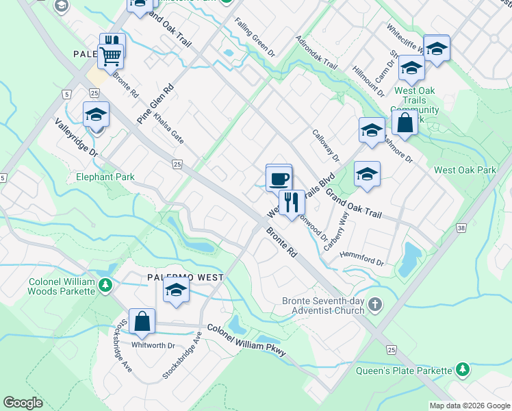 map of restaurants, bars, coffee shops, grocery stores, and more near 2435 Coho Way in Oakville