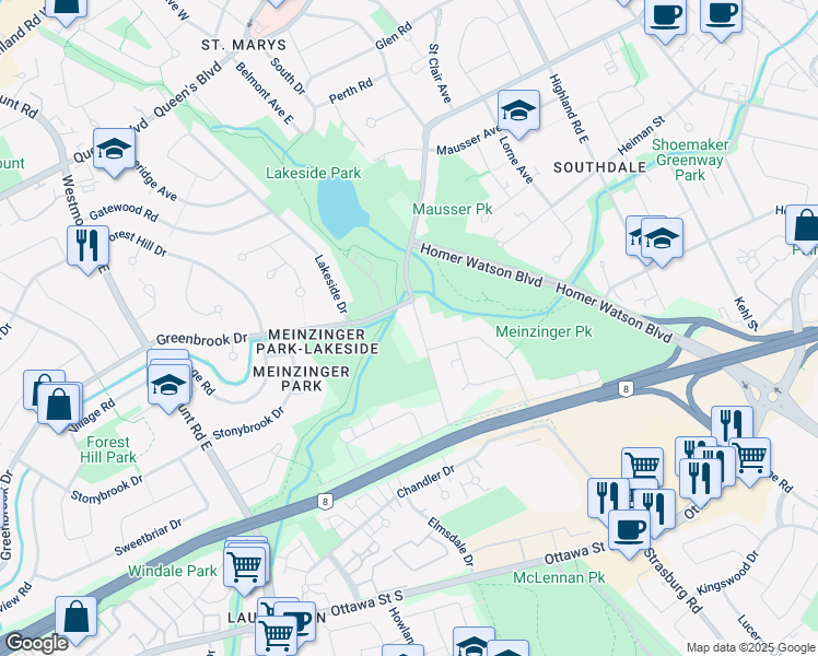 map of restaurants, bars, coffee shops, grocery stores, and more near 764 Stirling Avenue South in Kitchener