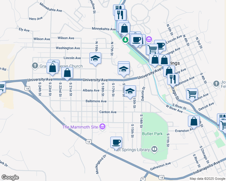 map of restaurants, bars, coffee shops, grocery stores, and more near 201 South 17th Street in Hot Springs