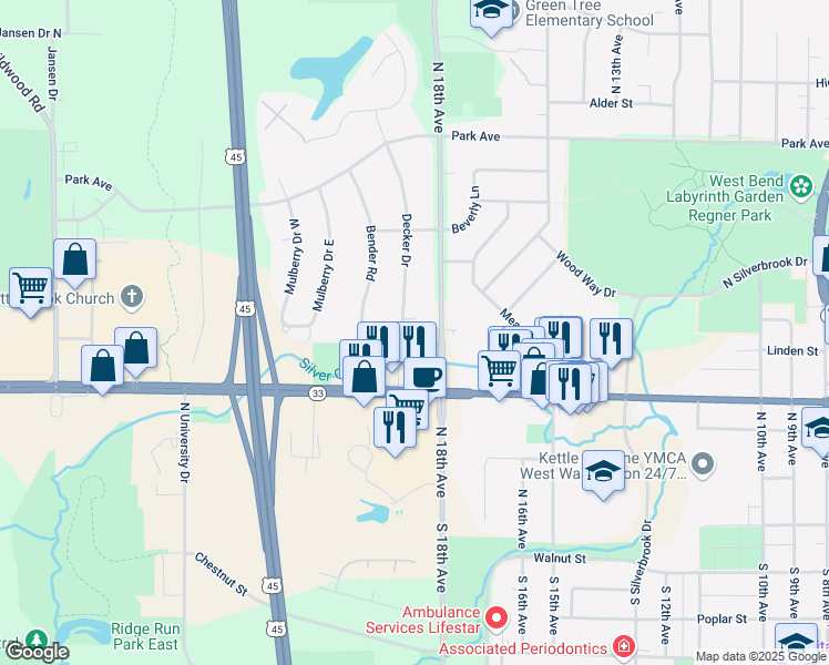 map of restaurants, bars, coffee shops, grocery stores, and more near 530 North 18th Avenue in West Bend