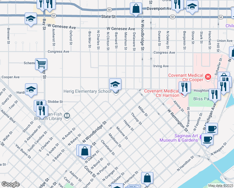 map of restaurants, bars, coffee shops, grocery stores, and more near 1905 Houghton Avenue in Saginaw