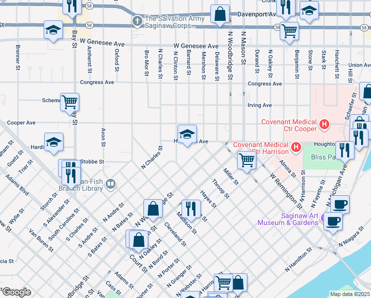 map of restaurants, bars, coffee shops, grocery stores, and more near 1905 Houghton Avenue in Saginaw