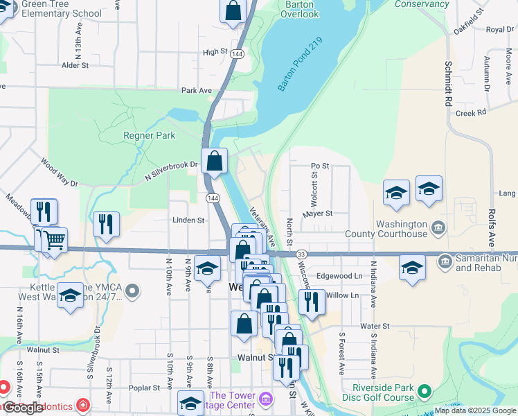 map of restaurants, bars, coffee shops, grocery stores, and more near 555 Veterans Avenue in West Bend