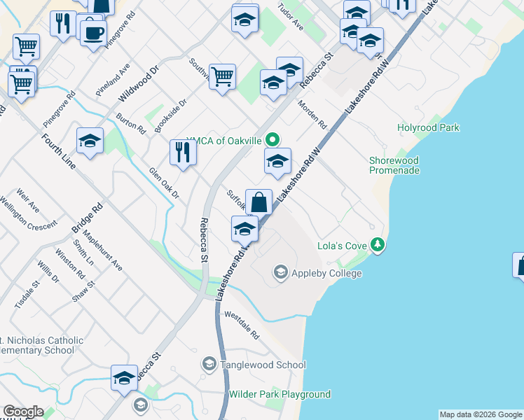 map of restaurants, bars, coffee shops, grocery stores, and more near 489 Lakeshore Road West in Oakville