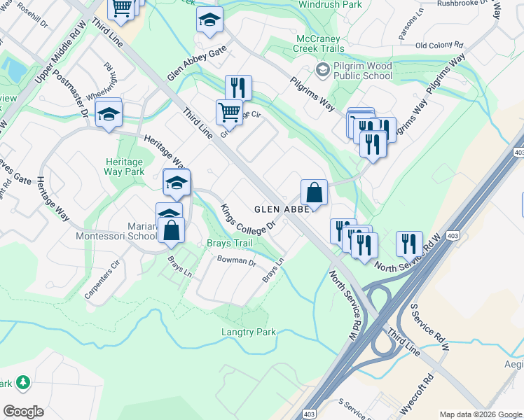 map of restaurants, bars, coffee shops, grocery stores, and more near 1266 Playter Place in Oakville