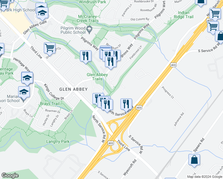 map of restaurants, bars, coffee shops, grocery stores, and more near 1094 Fieldstone Circle in Oakville