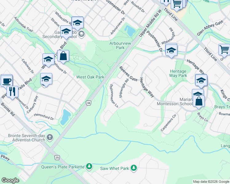 map of restaurants, bars, coffee shops, grocery stores, and more near 1541 Stationmaster Lane in Oakville