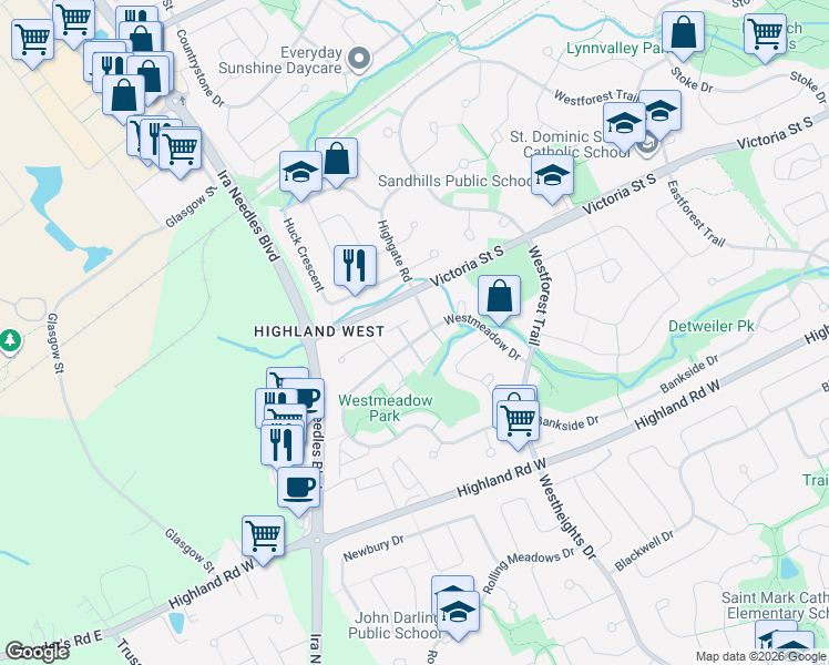 map of restaurants, bars, coffee shops, grocery stores, and more near 74 Westmeadow Drive in Kitchener