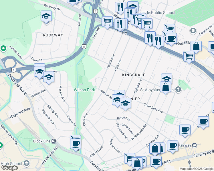 map of restaurants, bars, coffee shops, grocery stores, and more near 216 Fifth Avenue in Kitchener