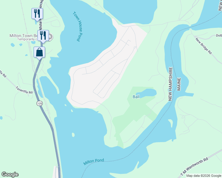 map of restaurants, bars, coffee shops, grocery stores, and more near 143 Pineland Park Road in Milton