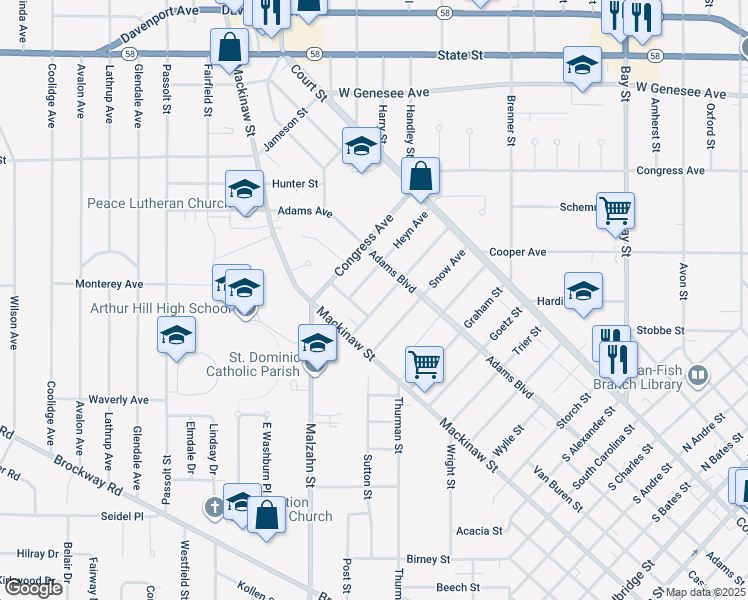 map of restaurants, bars, coffee shops, grocery stores, and more near 228 Heyn Avenue in Saginaw