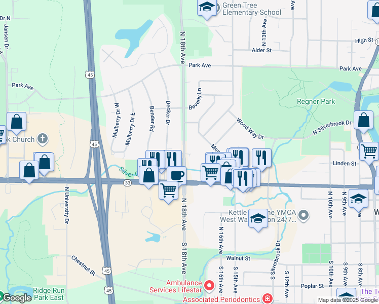 map of restaurants, bars, coffee shops, grocery stores, and more near 616 Meadowbrook Drive in West Bend