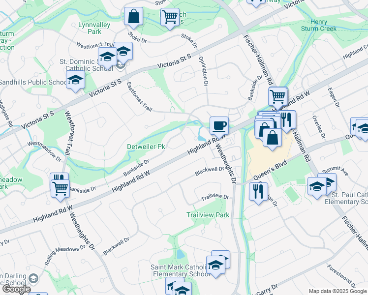 map of restaurants, bars, coffee shops, grocery stores, and more near 425 Bankside Crescent in Kitchener