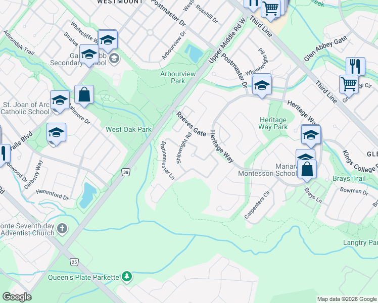 map of restaurants, bars, coffee shops, grocery stores, and more near 1448 Mayors Manor in Oakville