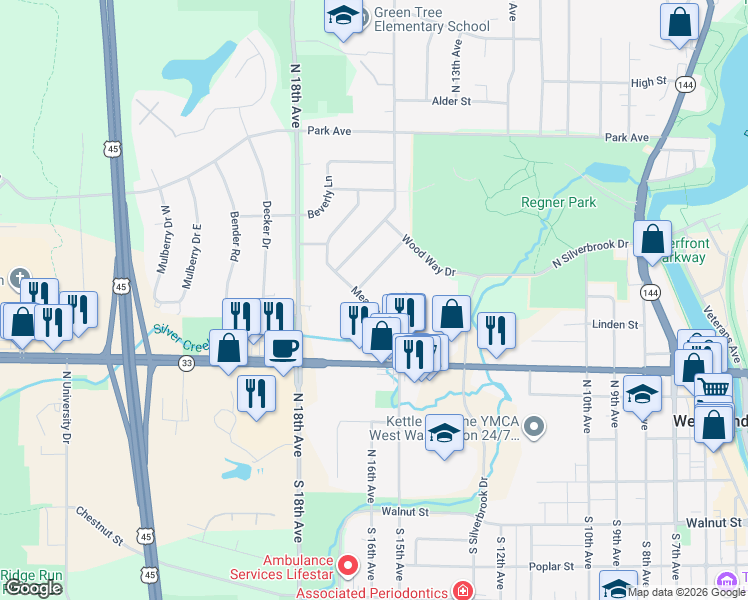 map of restaurants, bars, coffee shops, grocery stores, and more near 505 Meadowbrook Drive in West Bend