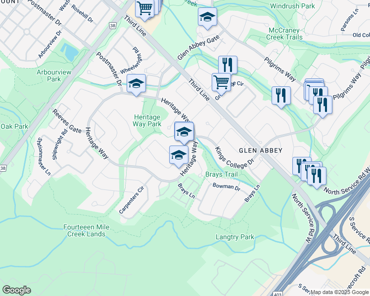 map of restaurants, bars, coffee shops, grocery stores, and more near 1201 Heritage Way in Oakville