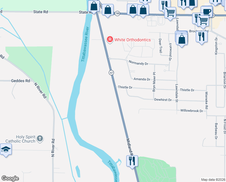 map of restaurants, bars, coffee shops, grocery stores, and more near 1479 Midland Road in Saginaw
