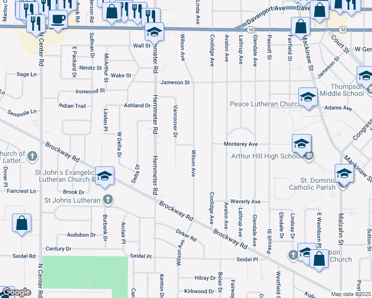 map of restaurants, bars, coffee shops, grocery stores, and more near 4365 Newbright Place in Saginaw