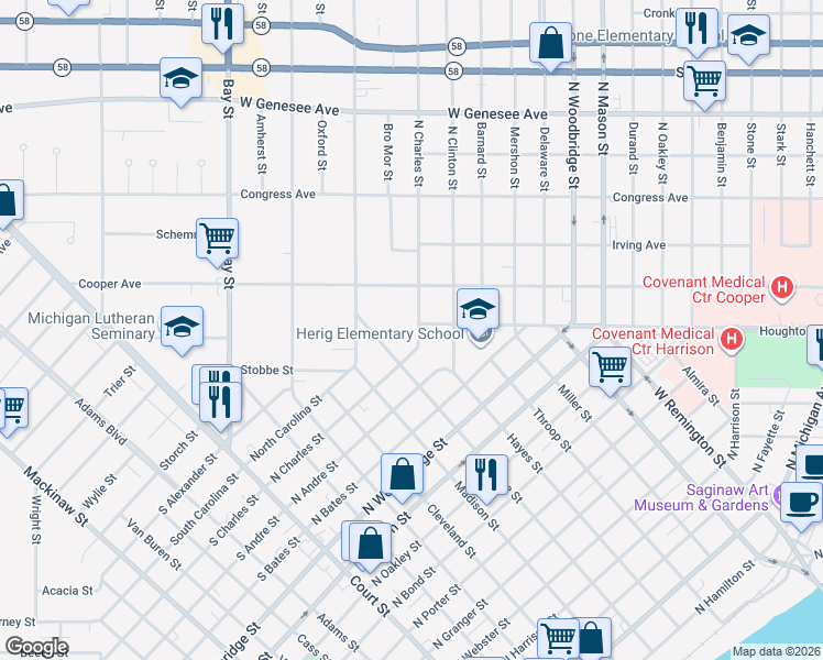 map of restaurants, bars, coffee shops, grocery stores, and more near 1419 North Charles Street in Saginaw