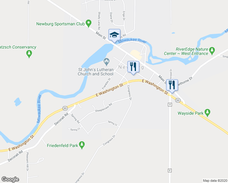 map of restaurants, bars, coffee shops, grocery stores, and more near 613 Wisconsin 33 in West Bend