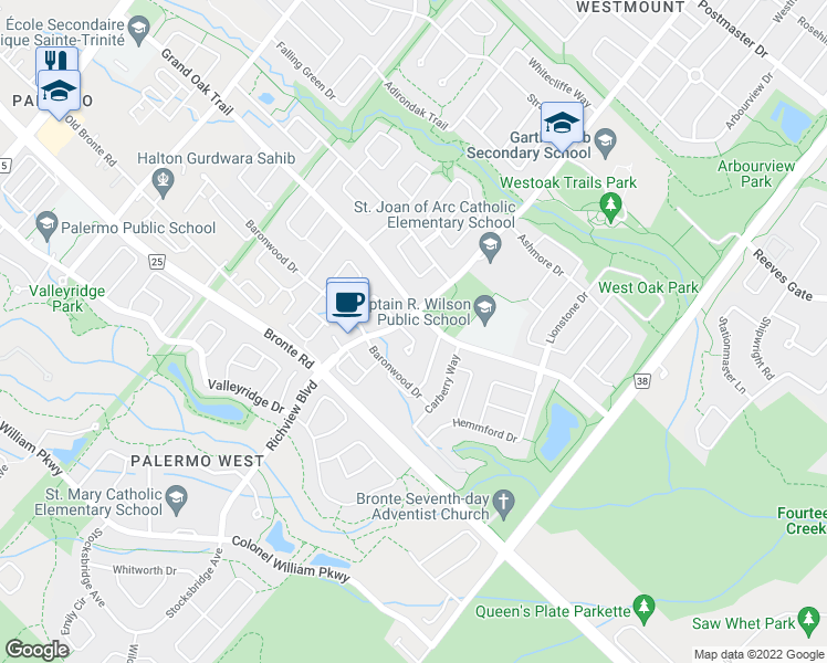 map of restaurants, bars, coffee shops, grocery stores, and more near 2225 Amberglen Court in Oakville