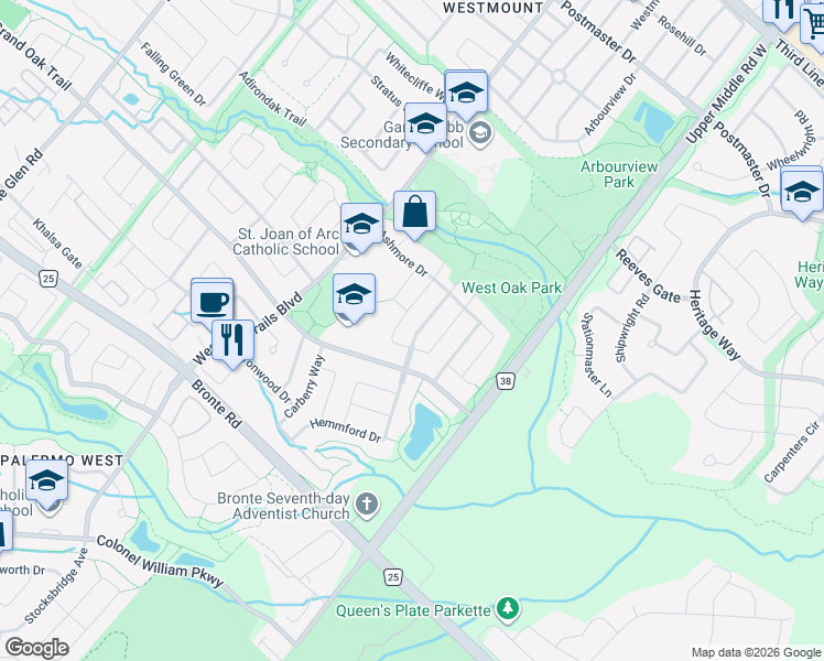 map of restaurants, bars, coffee shops, grocery stores, and more near 2391 Lionstone Drive in Oakville