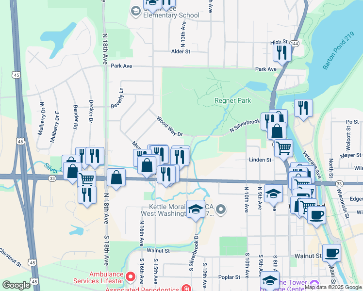 map of restaurants, bars, coffee shops, grocery stores, and more near 530 North Silverbrook Drive in West Bend