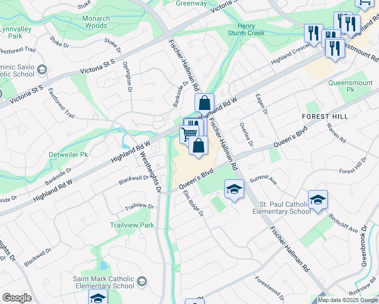 map of restaurants, bars, coffee shops, grocery stores, and more near 875 Highland Road West in Kitchener