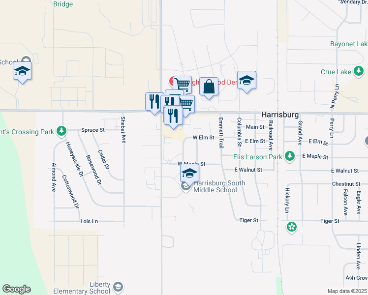 map of restaurants, bars, coffee shops, grocery stores, and more near 314 East Elm Street in Harrisburg
