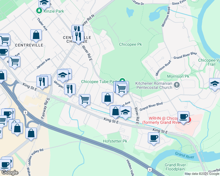 map of restaurants, bars, coffee shops, grocery stores, and more near 74 Greendale Crescent in Kitchener