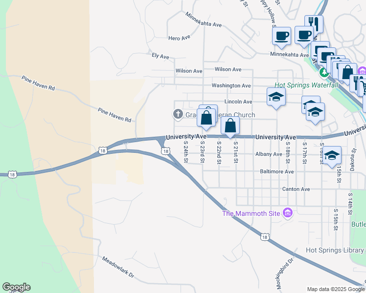 map of restaurants, bars, coffee shops, grocery stores, and more near 138 South 24th Street in Hot Springs