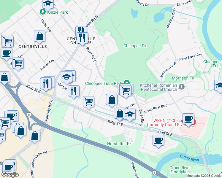 map of restaurants, bars, coffee shops, grocery stores, and more near 74 Greendale Crescent in Kitchener