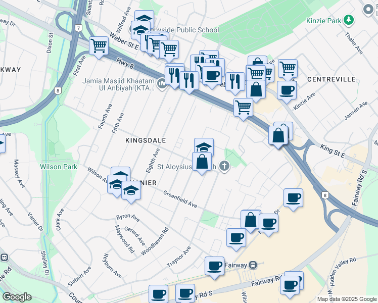 map of restaurants, bars, coffee shops, grocery stores, and more near 444 Connaught Street in Kitchener