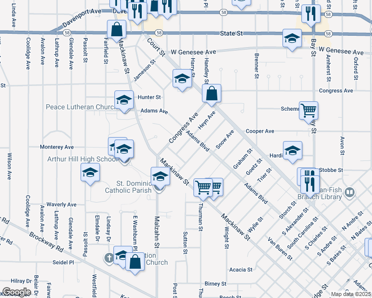 map of restaurants, bars, coffee shops, grocery stores, and more near 228 Heyn Avenue in Saginaw