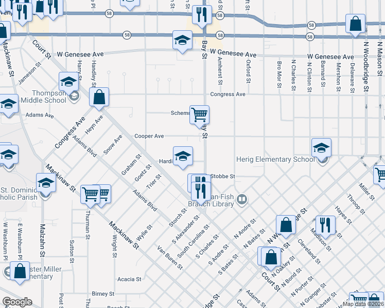 map of restaurants, bars, coffee shops, grocery stores, and more near 2726 Hardin Street in Saginaw