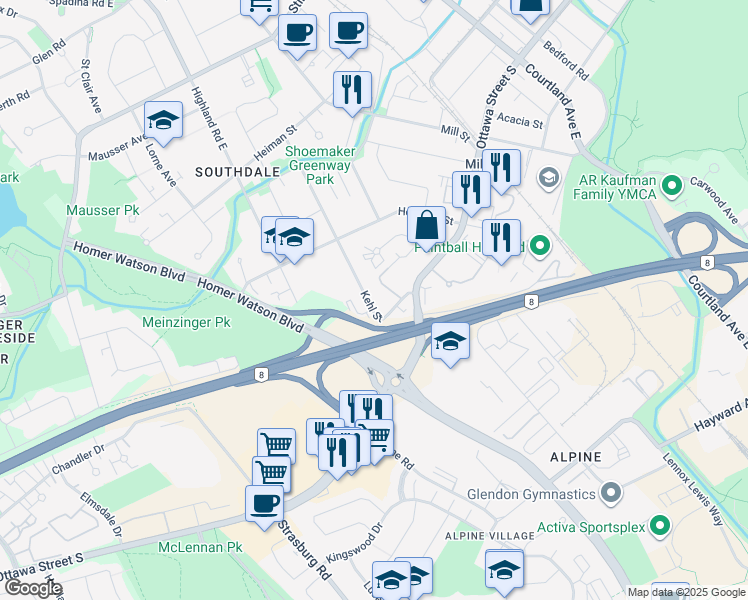 map of restaurants, bars, coffee shops, grocery stores, and more near 198 Kehl Street in Kitchener