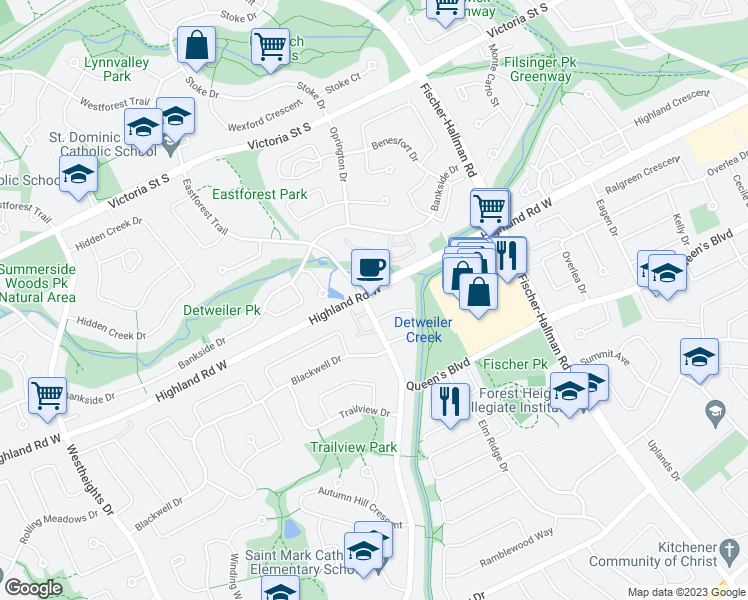 map of restaurants, bars, coffee shops, grocery stores, and more near 10 Westheights Drive in Kitchener