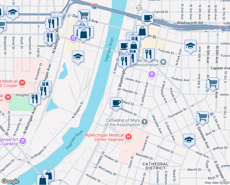 map of restaurants, bars, coffee shops, grocery stores, and more near 400-498 South Water Street in Saginaw