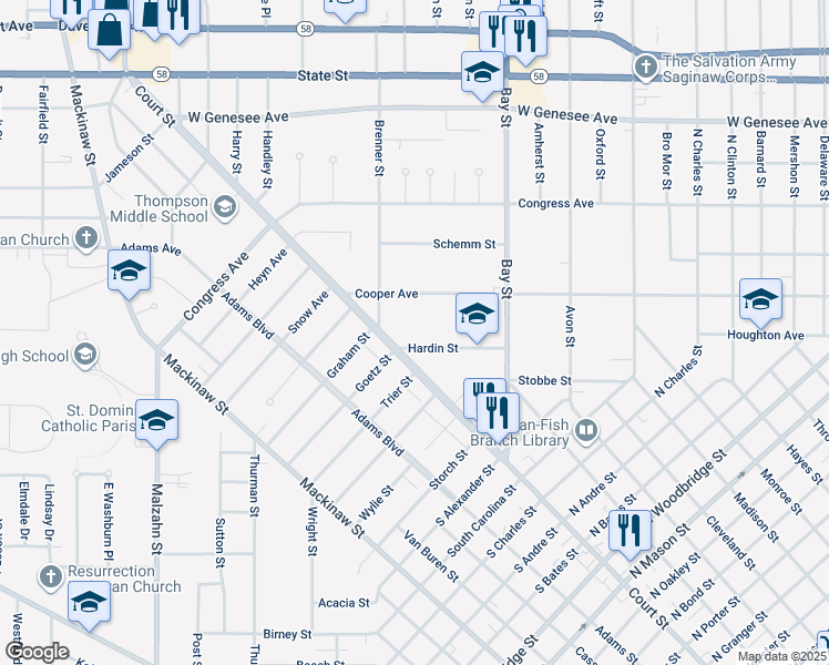 map of restaurants, bars, coffee shops, grocery stores, and more near 2908 Hardin Street in Saginaw