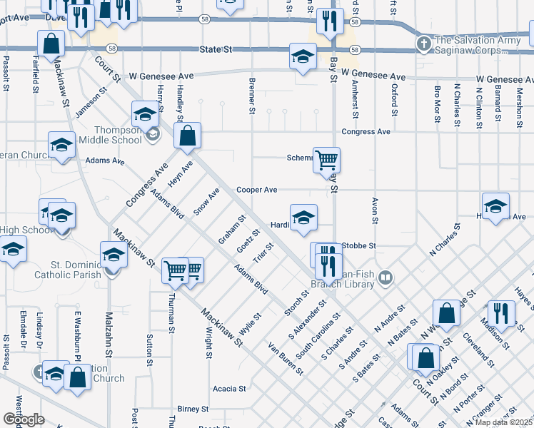 map of restaurants, bars, coffee shops, grocery stores, and more near 2908 Hardin Street in Saginaw