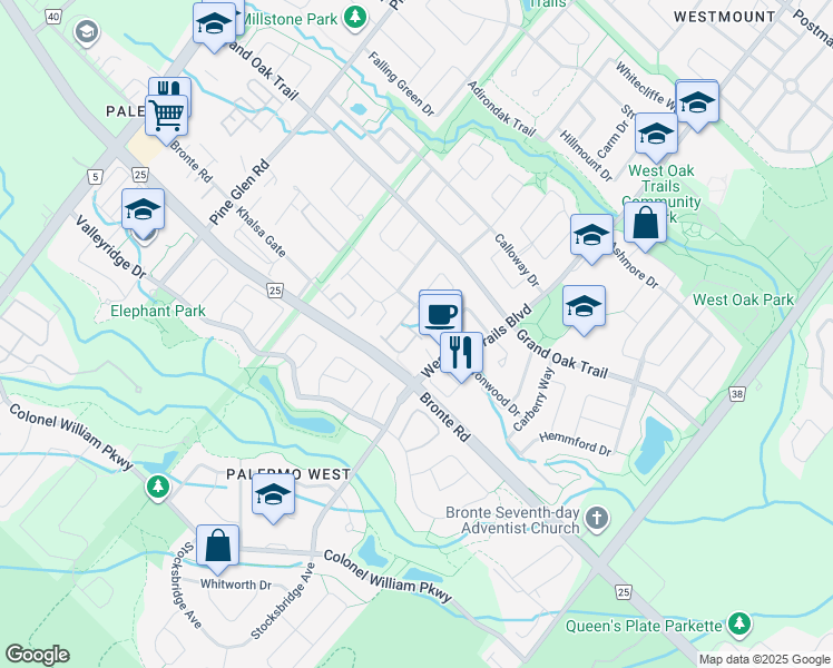 map of restaurants, bars, coffee shops, grocery stores, and more near Jillian Lane in Oakville