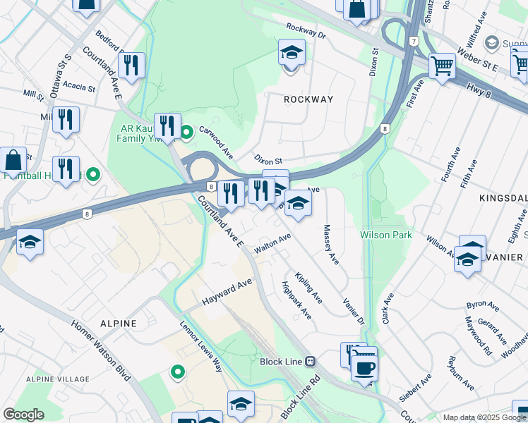 map of restaurants, bars, coffee shops, grocery stores, and more near 49 Vanier Drive in Kitchener